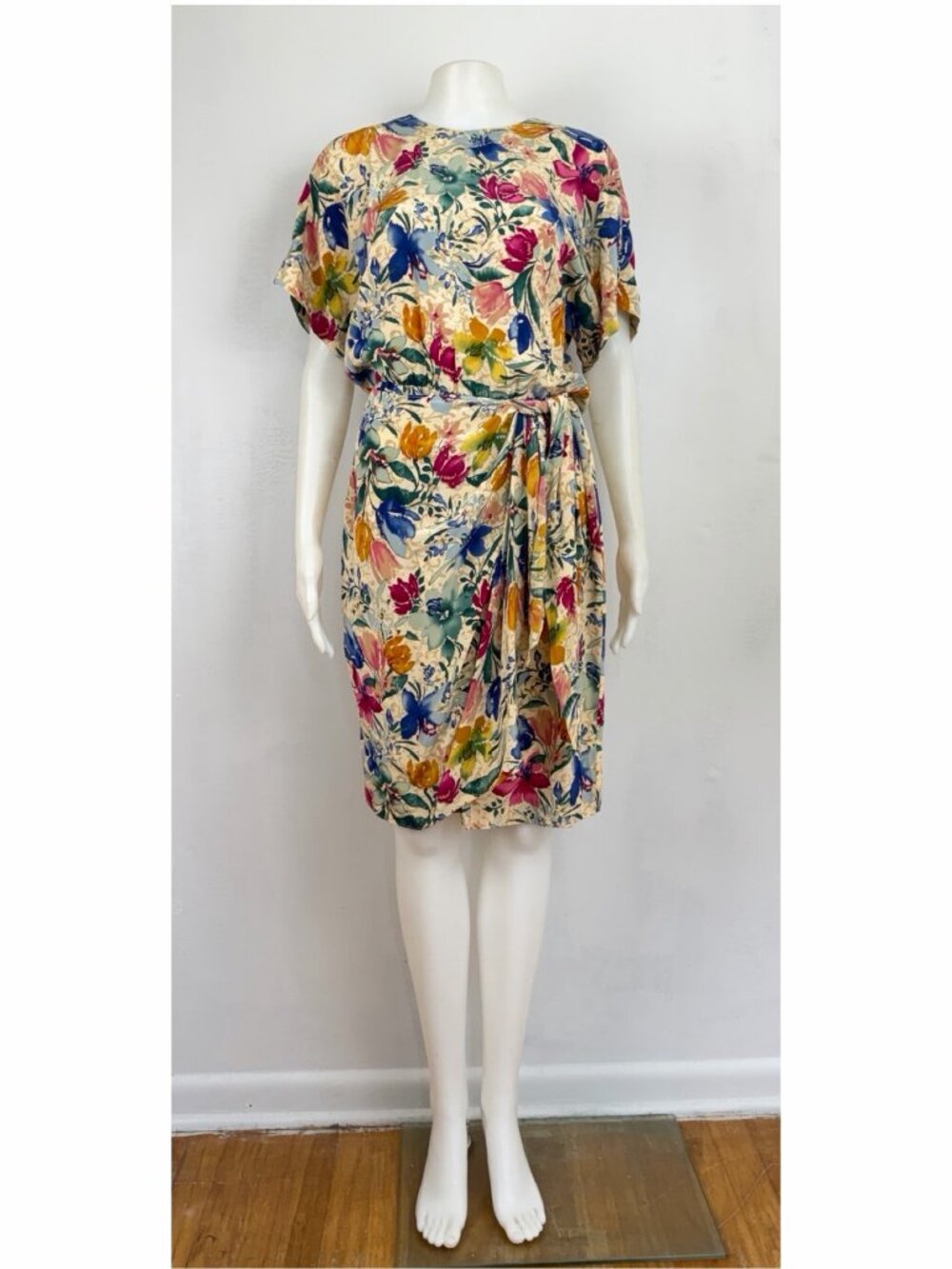 Vintage Floral Print Silk Dress Size Medium 90s Maggy London Blouson Wrap Skirt
